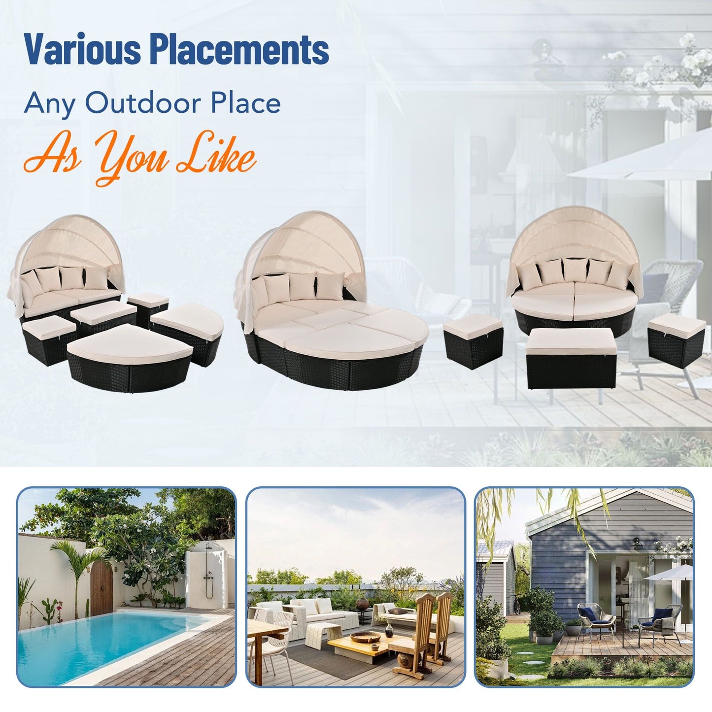 GO Outdoor rattan daybed sunbed with Retractable Canopy Wicker Furniture, Round Outdoor Sectional Sofa Set, black Wicker Furniture Clamshell Seating with Washable Cushions, Backyard, Porch, Beige