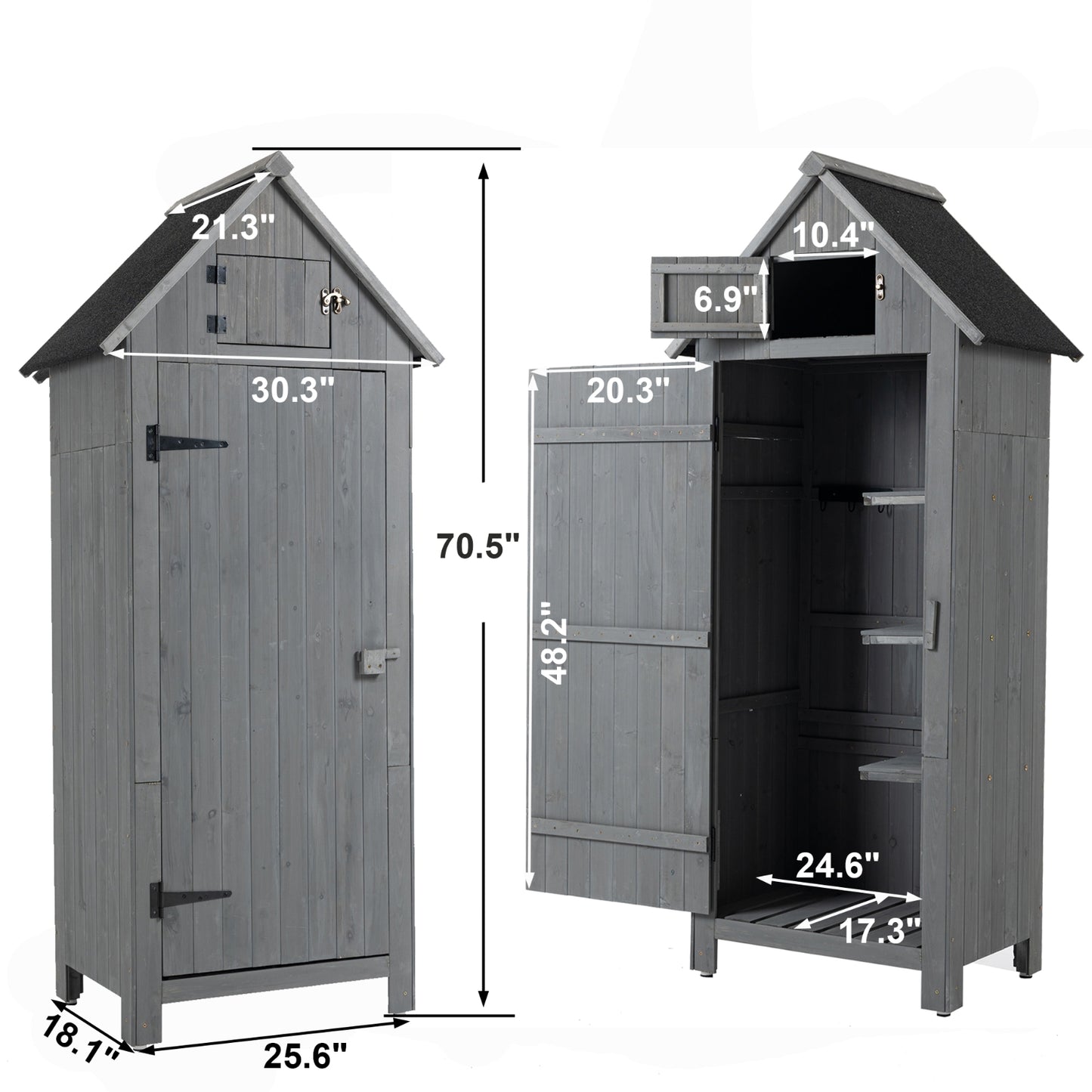 Outdoor Storage Cabinet Tool Shed Wooden Garden Shed 70.5H - Gray