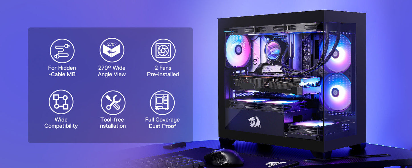 Redragon GC218M Gaming Back-Mounted PC Case with 2 x 120mm Fans & High Airflow Panel – M-ATX Chassis