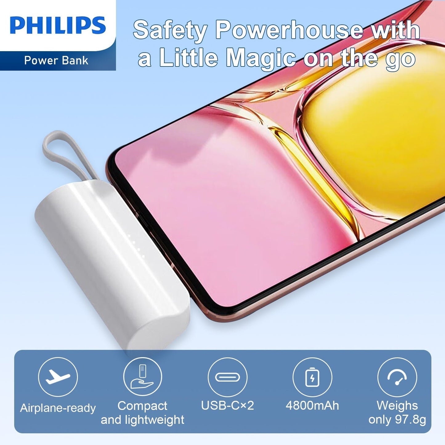 2 PCS Philips Mini Portable Charger for iPhone with Cable, 4800mAh Power Bank DLP2550CW-bundle