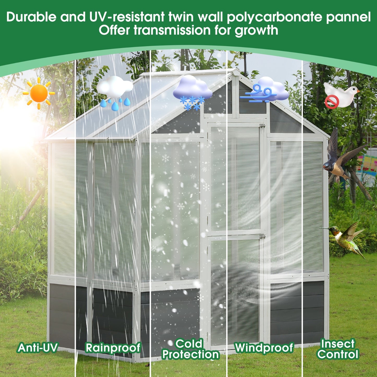 76x48x86Walk In Polycarbonate Greenhouse For Patio  Gardening