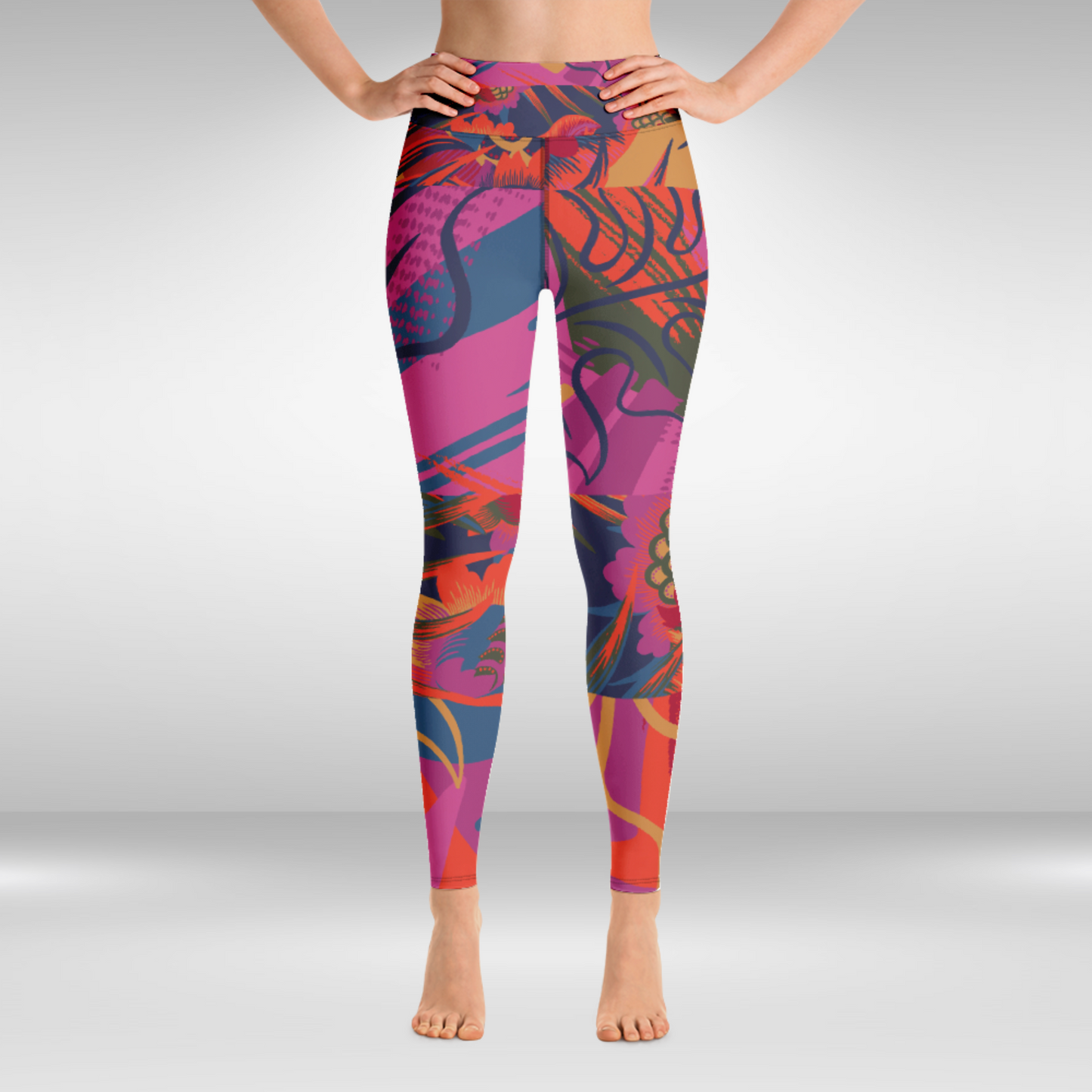 Women Yoga Legging Pink Tropical Print, high-waisted floral leggings for yoga and casual wear.