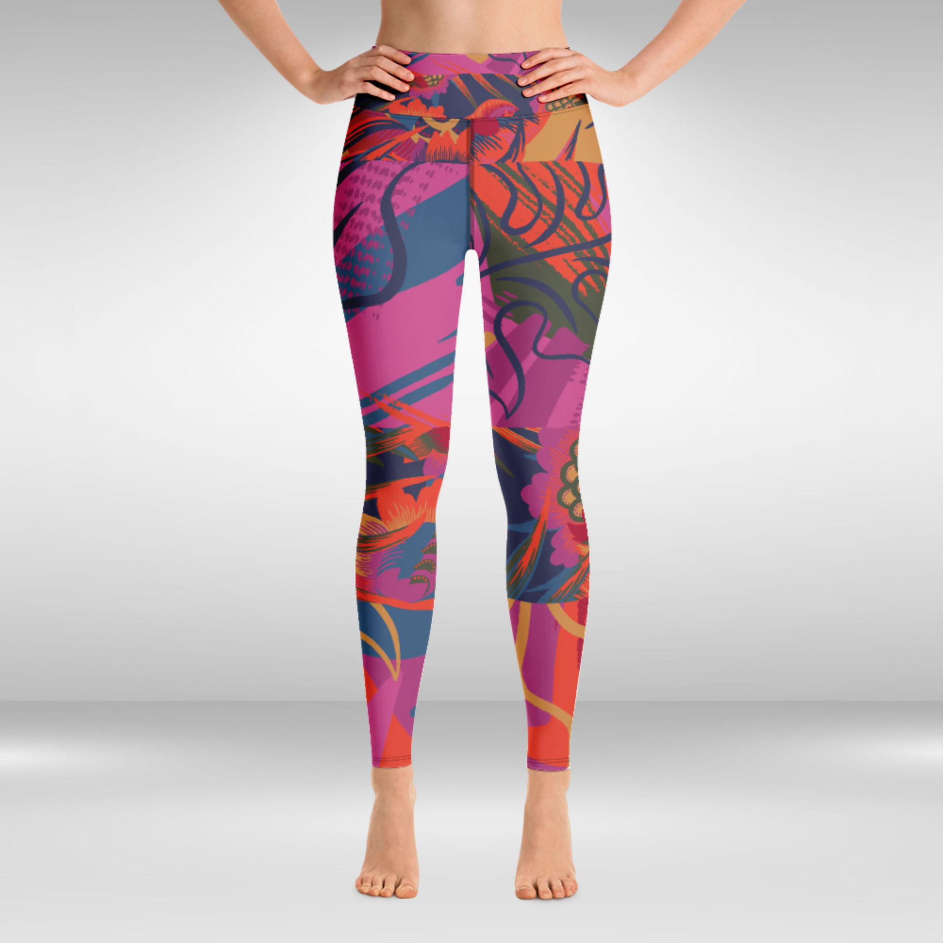 Women Yoga Legging Pink Tropical Print, high-waisted floral leggings for yoga and casual wear.