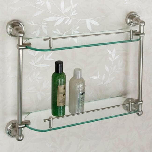 Signature Hardware 19-1/4” Glass Bathroom Shelf with Brushed Nickel Finish for modern bathroom storage.
