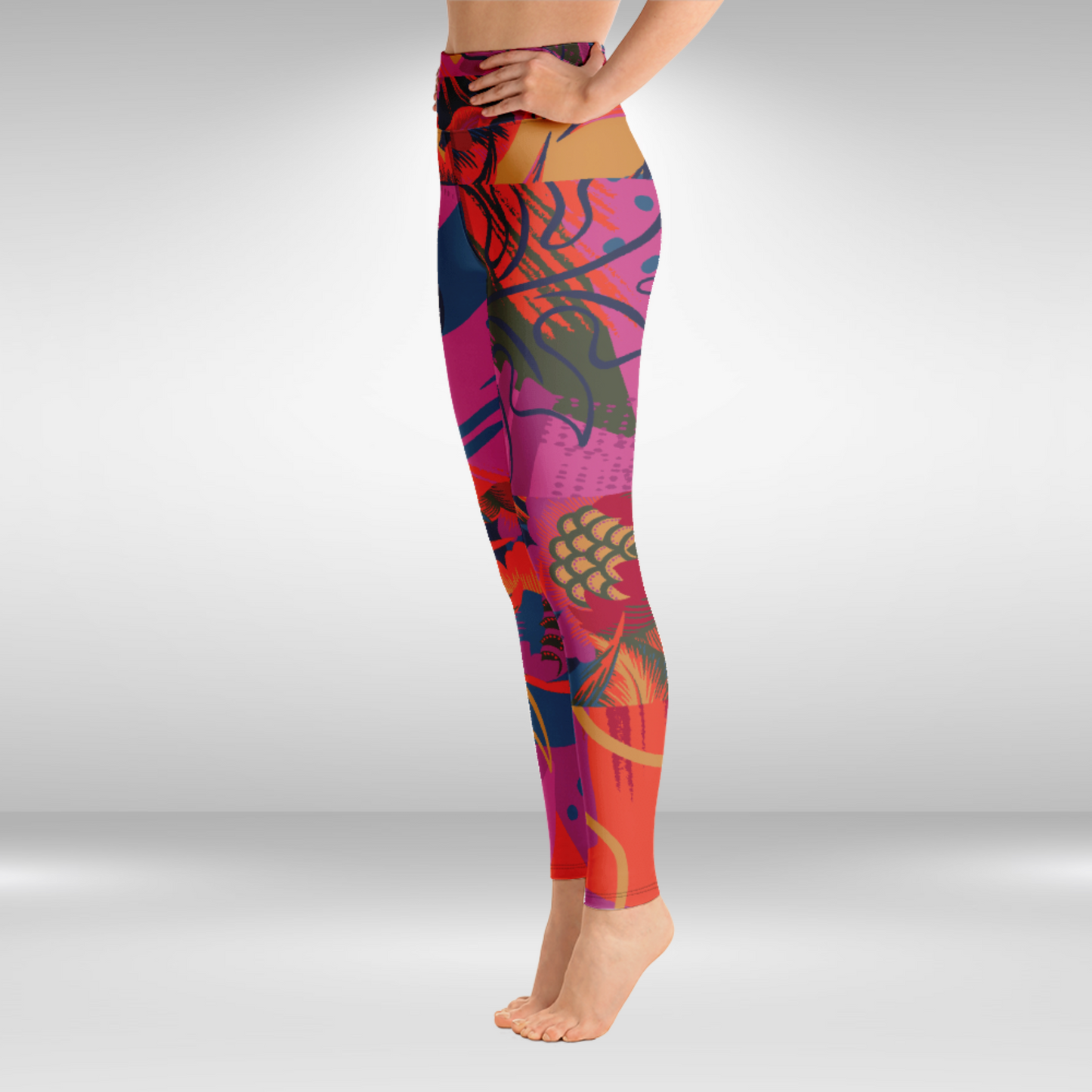 Women Yoga Legging Pink Tropical Print, high-waisted floral leggings for yoga and casual wear.