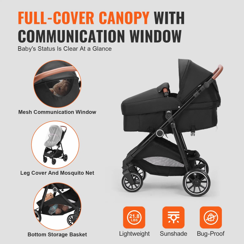 Standard baby stroller with bassinet, foldable design, and reversible seat