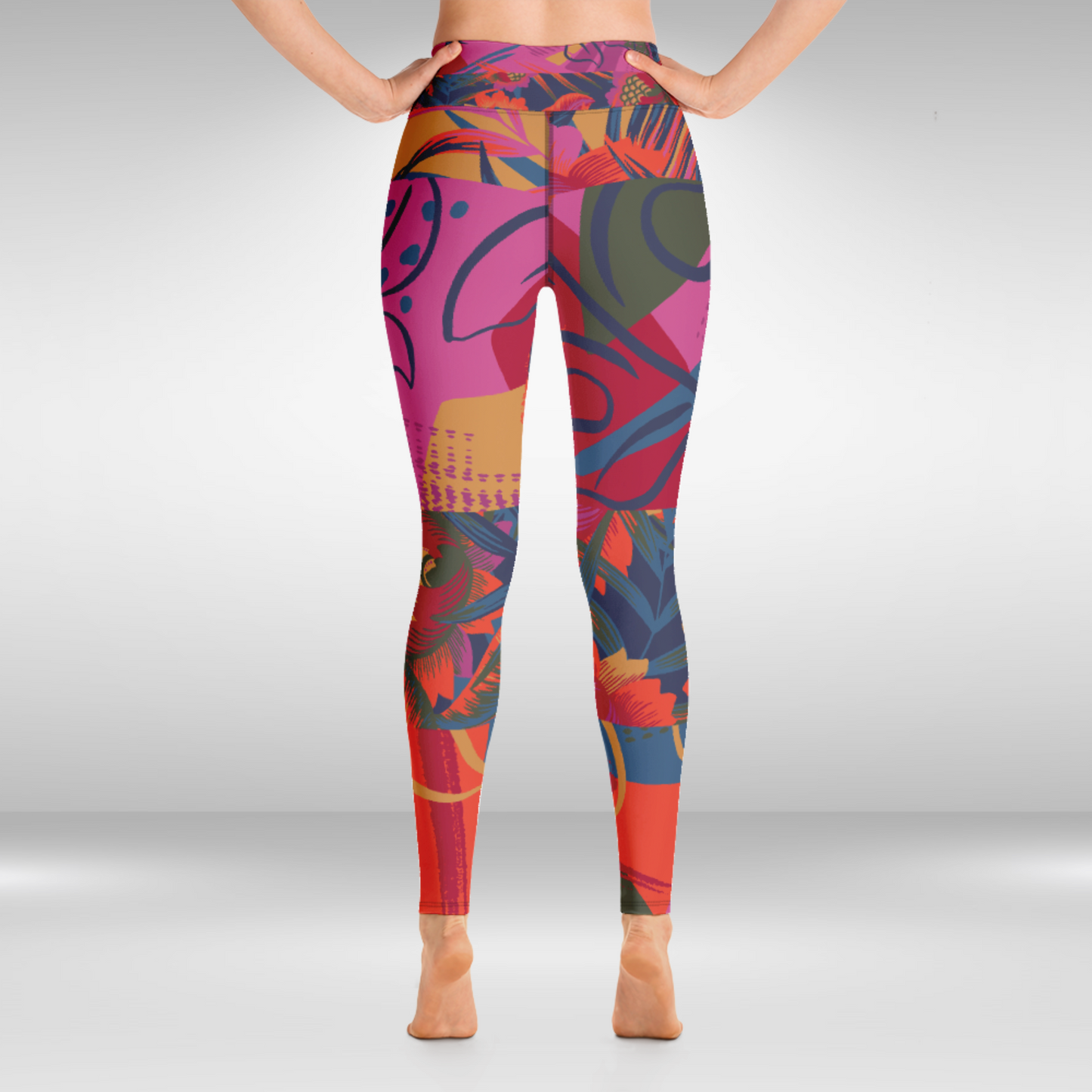 Women Yoga Legging Pink Tropical Print, high-waisted floral leggings for yoga and casual wear.