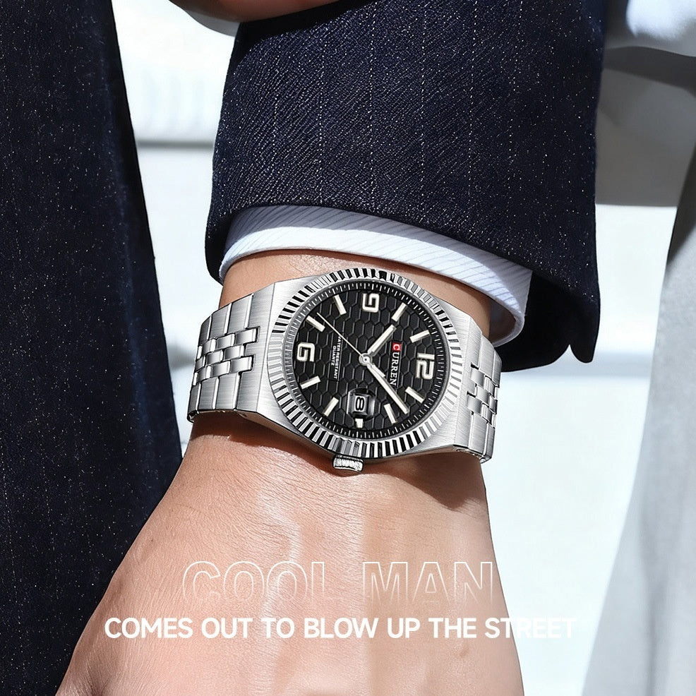Round dial business quartz watch for men with elegant formal style