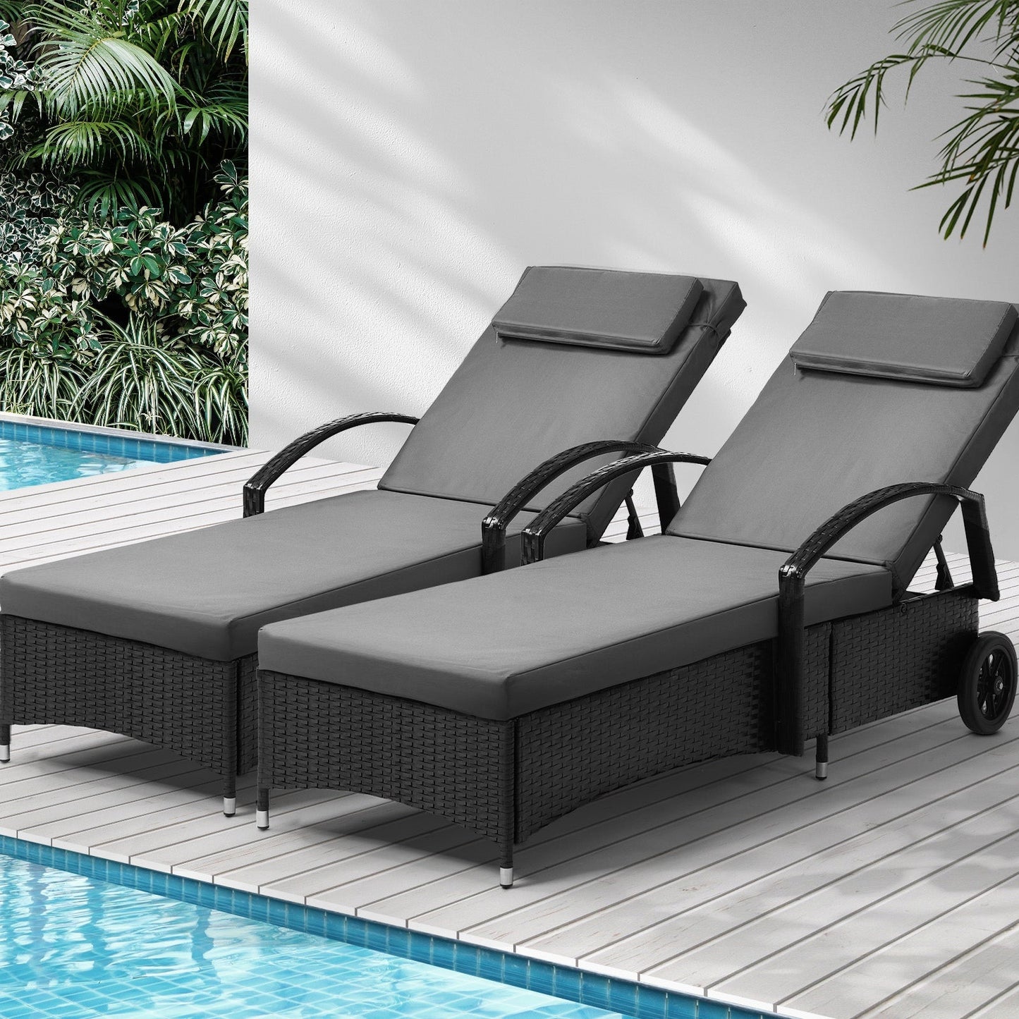 Livsip 2x Sun Lounge Wicker Lounger Chair Outdoor Furniture Day Bed Garden Black