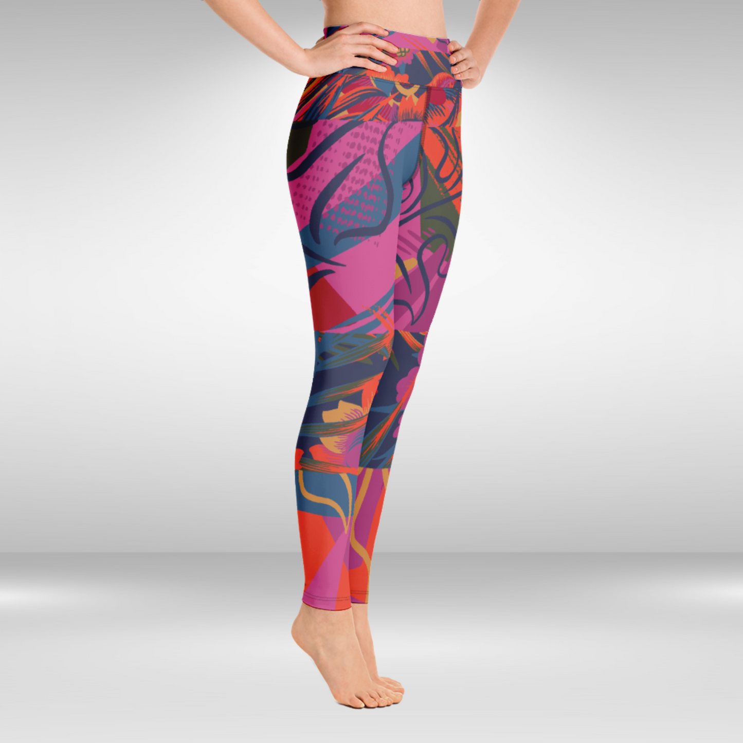 Women Yoga Legging Pink Tropical Print, high-waisted floral leggings for yoga and casual wear.