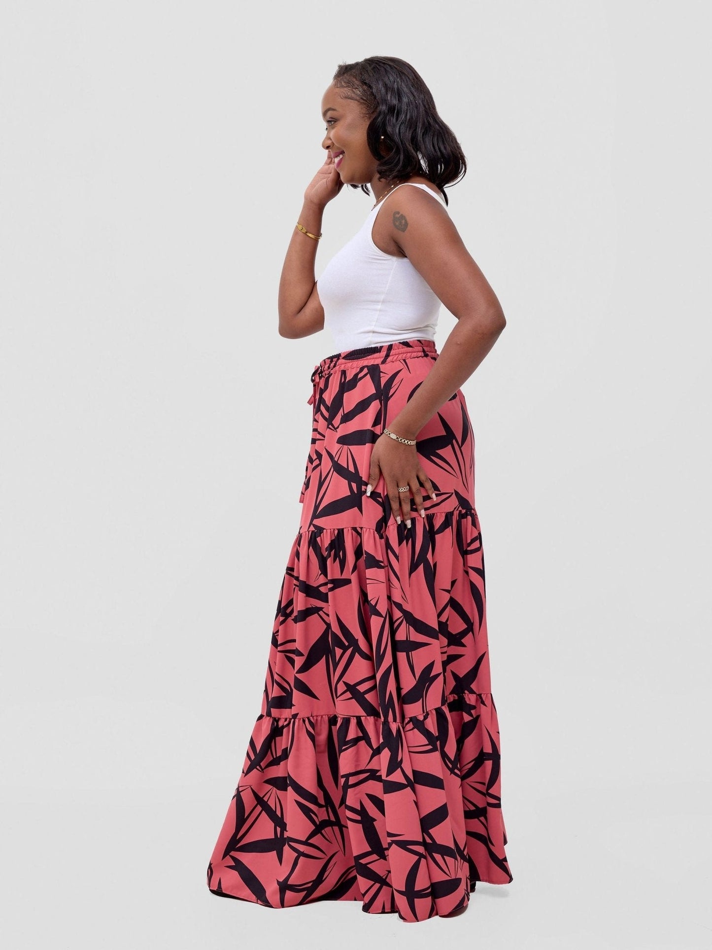 Vivo Serwa Coral and Black Tiered Maxi Skirt Wera Print for Women