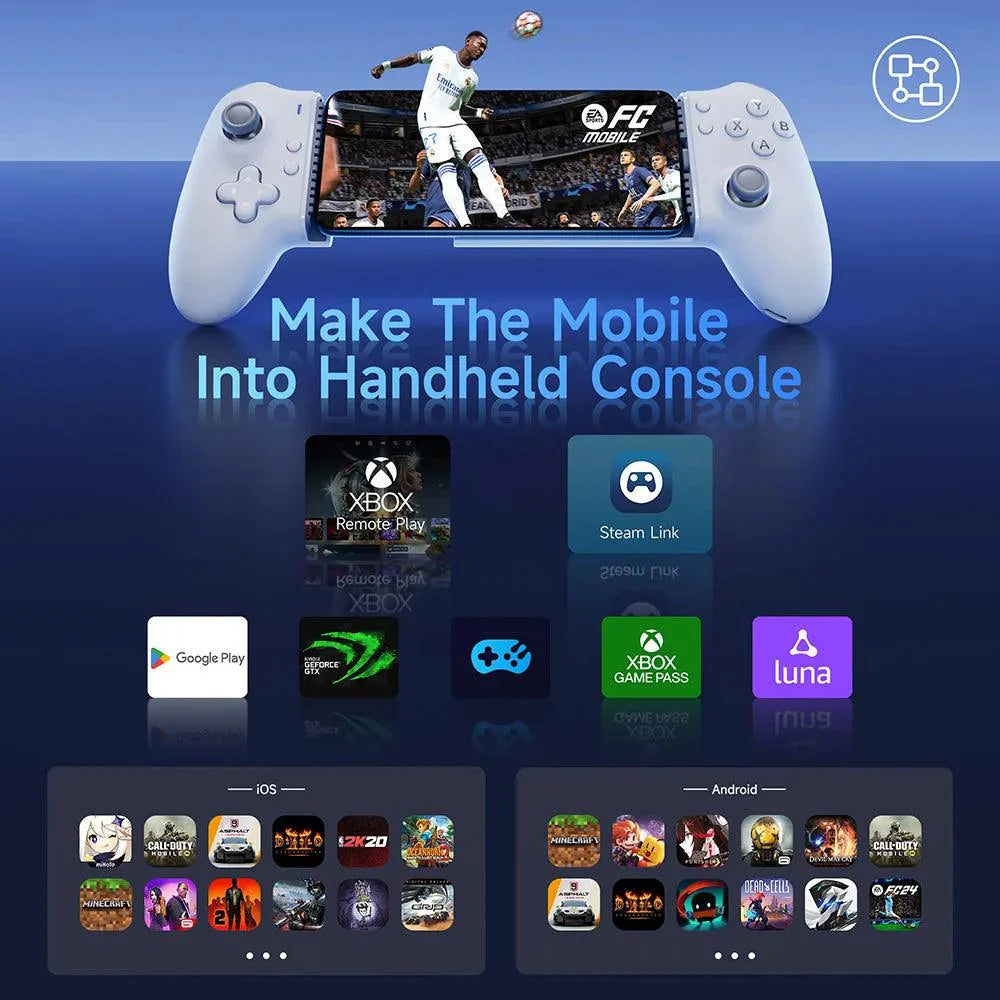 Mobile phone gamepad for Android and iPhone with ergonomic design and buttons