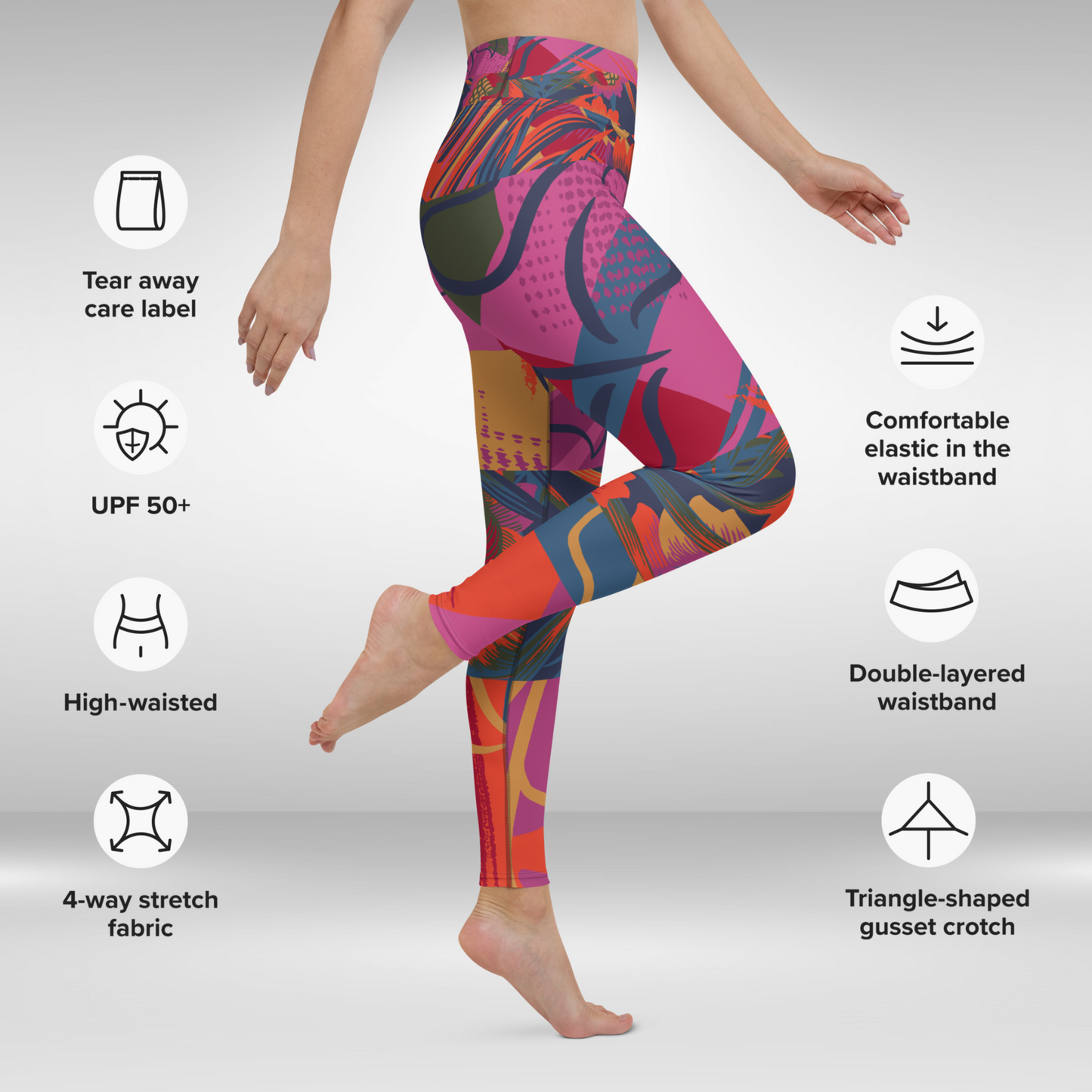 Women Yoga Legging Pink Tropical Print, high-waisted floral leggings for yoga and casual wear.
