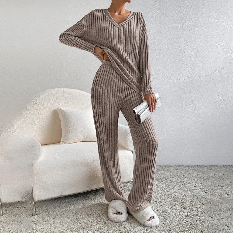 Women's V-Neck Ribbed 2-Piece Set for Fall and Winter