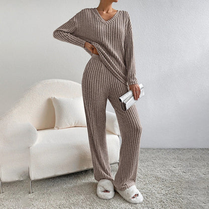 Women's V-Neck Ribbed 2-Piece Set for Fall and Winter