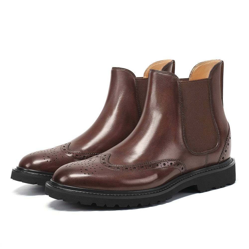 7CM / 2.76 Inches CMR CHAMARIPA Elegant Coffee Leather Brogue Chelsea Boots for Men