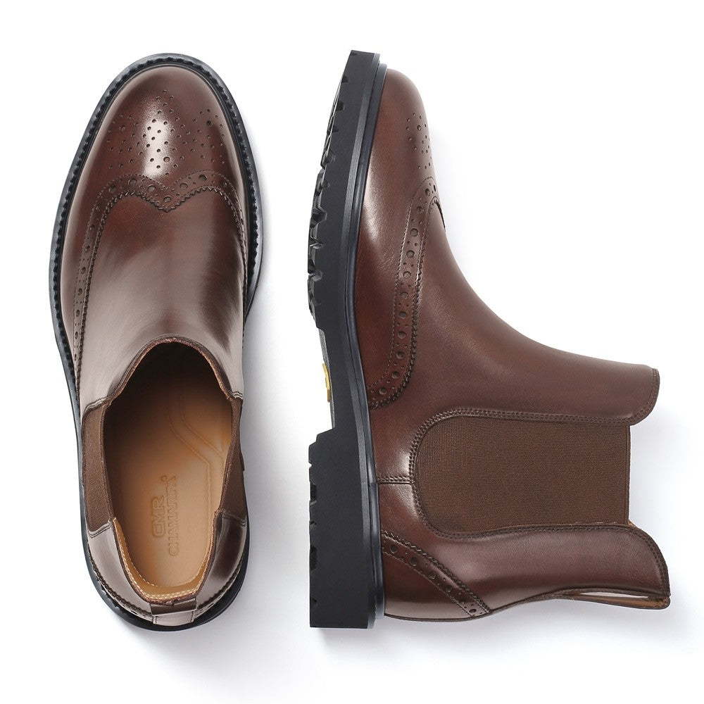 7CM / 2.76 Inches CMR CHAMARIPA Elegant Coffee Leather Brogue Chelsea Boots for Men