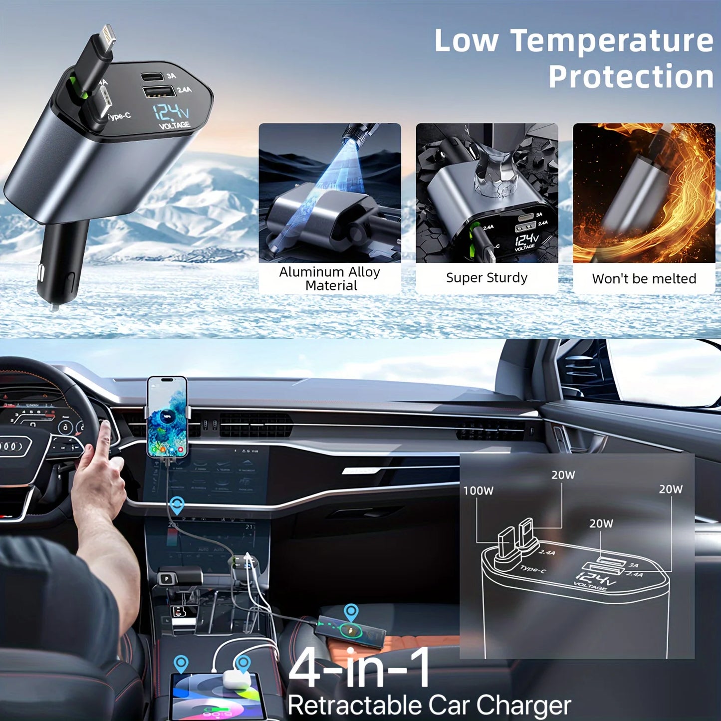 4-in-1 120W retractable USB C car charger for iPhone, Huawei, Samsung