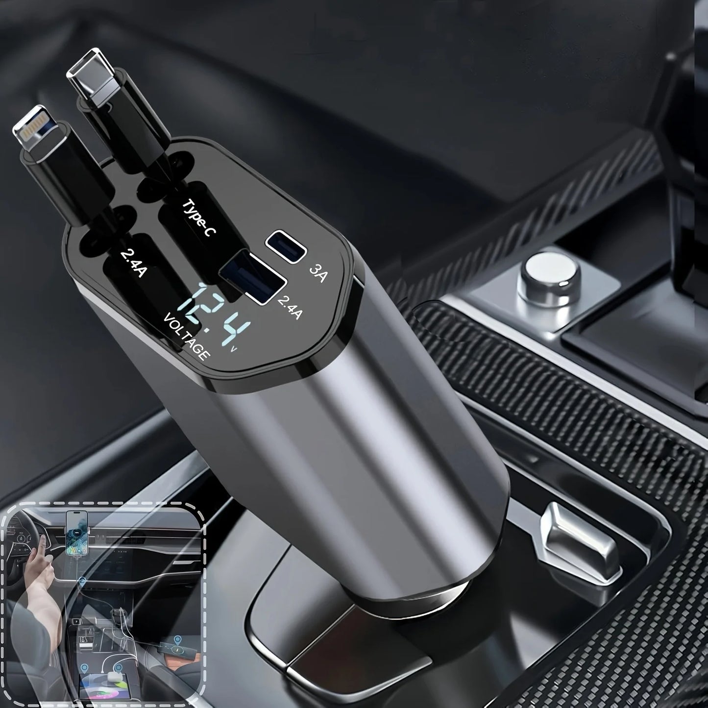 4-in-1 120W retractable USB C car charger for iPhone, Huawei, Samsung