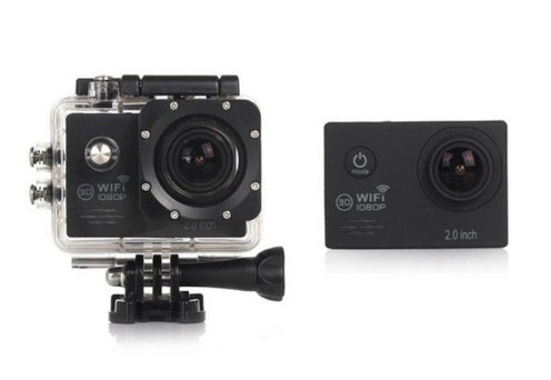 Compact sports camera showing waterproof case and outdoor use