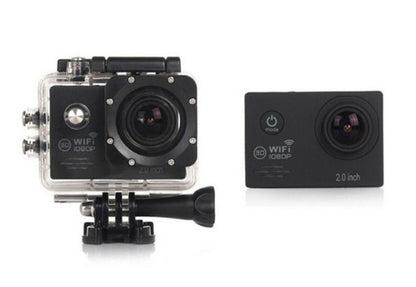 Compact sports camera showing waterproof case and outdoor use