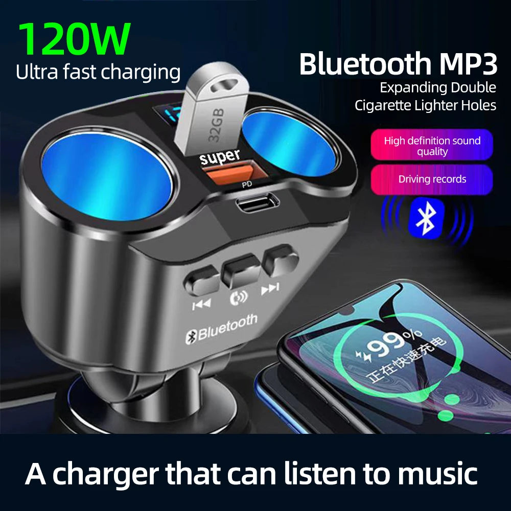Bluetooth car cigarette lighter splitter with dual USB QC 3.0 and FM transmitter