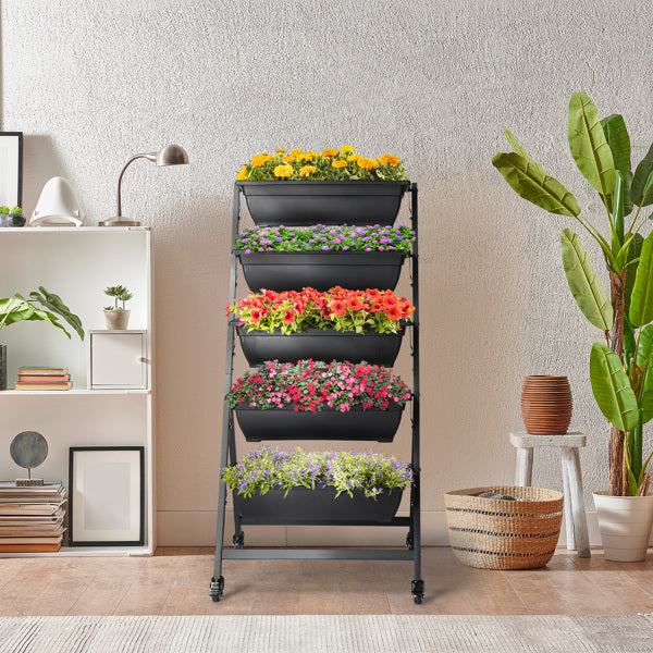 65x60x130cm 5 Layers With Wheels Black PE Planter Pot