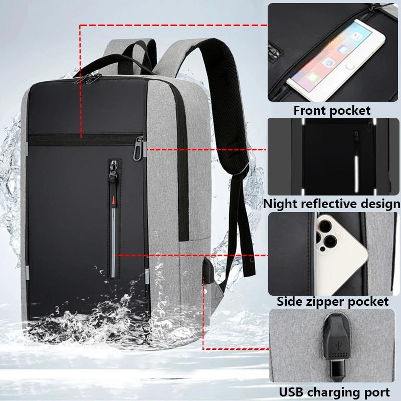 Men's waterproof laptop backpack with USB charging port and 15.6-inch capacity