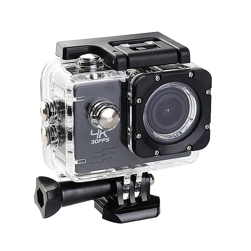 Helmet action camera showing 2-inch LCD and waterproof housing
