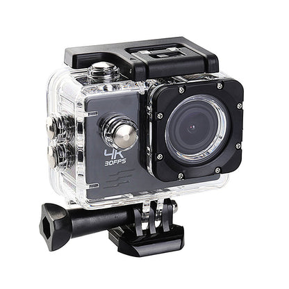 Helmet action camera showing 2-inch LCD and waterproof housing