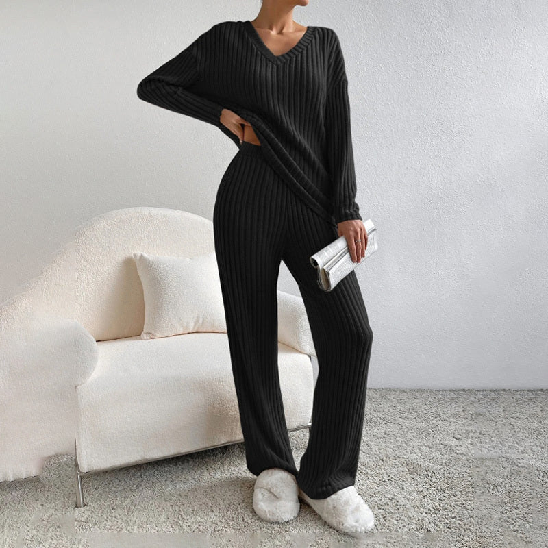 Women's V-Neck Ribbed 2-Piece Set for Fall and Winter