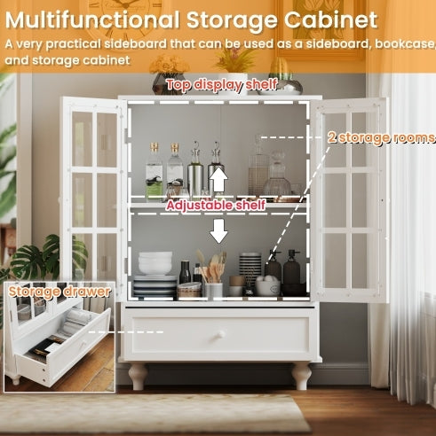 Minimalist White Buffet Cabinet With Double Glass Doors And Drawer, Modern Wooden Storage Sideboard Cupboard For Living Room, Dining Room Hallway Entryway