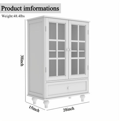 Minimalist White Buffet Cabinet With Double Glass Doors And Drawer, Modern Wooden Storage Sideboard Cupboard For Living Room, Dining Room Hallway Entryway