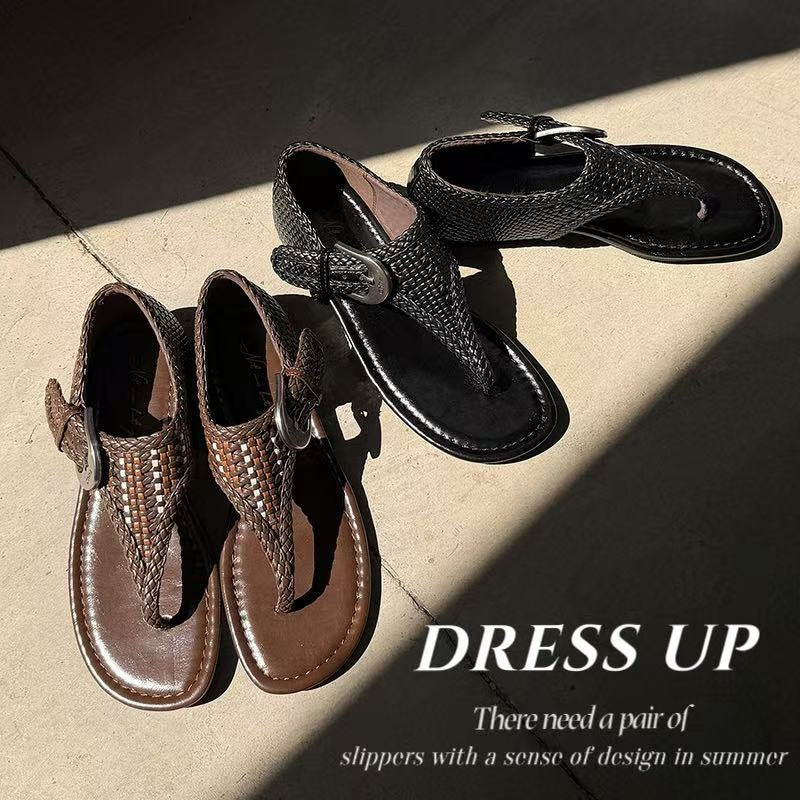 Women's Handwoven Cowhide Thong Sandals, Full-Grain Leather Ankle Buckle Flat Shoes