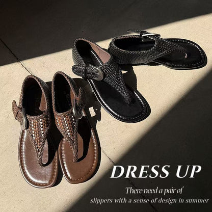 Women's Handwoven Cowhide Thong Sandals, Full-Grain Leather Ankle Buckle Flat Shoes
