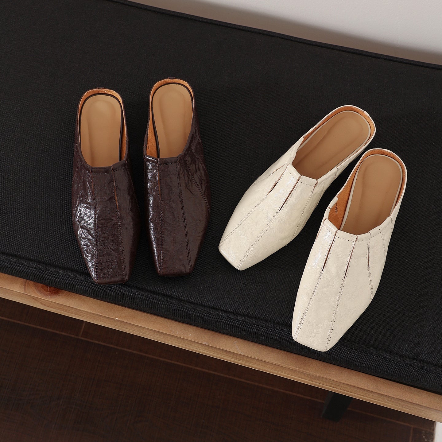 Minimalist Handcrafted Washed Leather Mules, Women's Full-Grain Cowhide Square Toe Backless Shoes