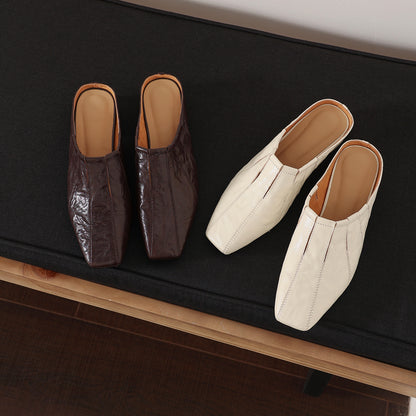 Minimalist Handcrafted Washed Leather Mules, Women's Full-Grain Cowhide Square Toe Backless Shoes