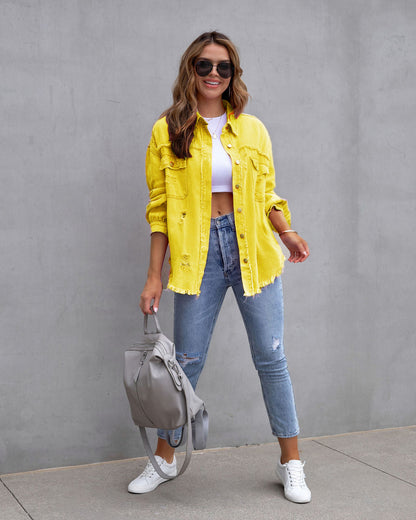 Women’s Fashion Ripped Shirt Jacket for Autumn and Spring Casual Tops