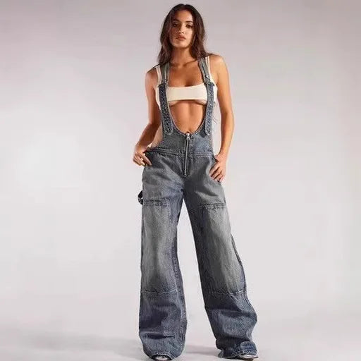 Women's Backpack Pants Street Style Low Waisted Strappy One-Piece Wide Leg Jeans, perfect for trendy 2025 fashion