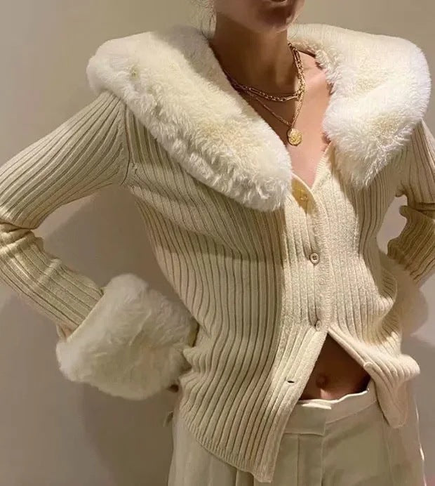 Women's Vintage Joker Costume Knitted Cardigan with Fur Collar