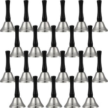 24 pieces of diatonic hand bells with black wooden handles, steel service handbells, musical percussion set in silver.