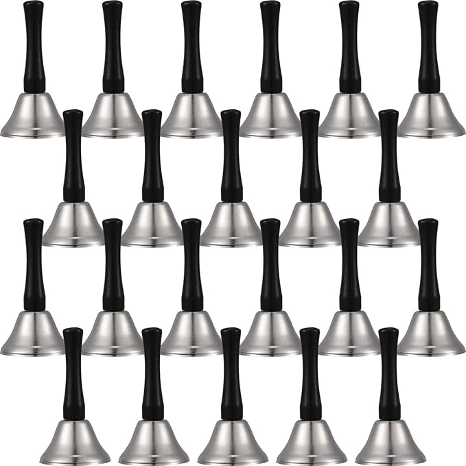 24 pieces of diatonic hand bells with black wooden handles, steel service handbells, musical percussion set in silver.