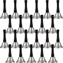 24 pieces of diatonic hand bells with black wooden handles, steel service handbells, musical percussion set in silver.