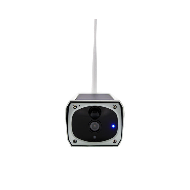 Wireless solar camera showing solar panel and gun camera style