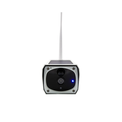Wireless solar camera showing solar panel and gun camera style
