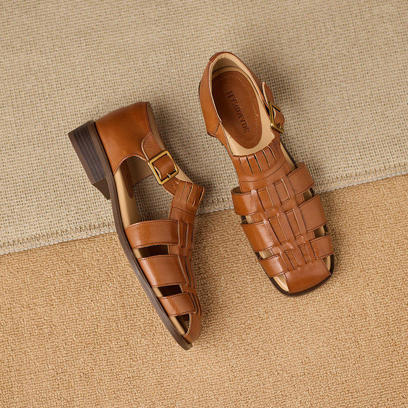Women's Handmade Full-Grain Leather Fisherman Sandals, Woven Closed Toe Buckle Flat Shoes