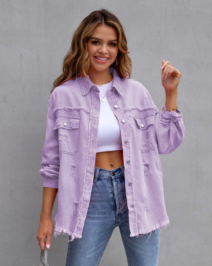 Women’s Fashion Ripped Shirt Jacket for Autumn and Spring Casual Tops