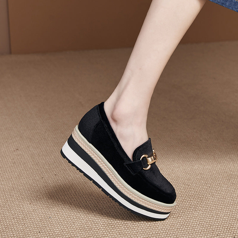 Metal-buckle Striped Sole Wedge Slip-on Shoes