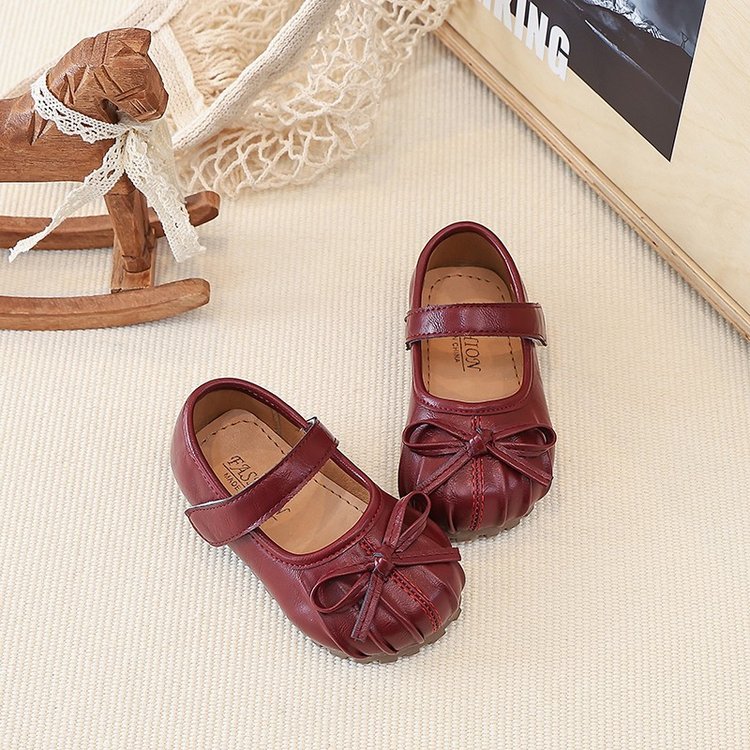 Xiaoxiangfeng Pleated Little Leather Shoes, Girls' Bow Princess Shoes, Shallow Single Shoes