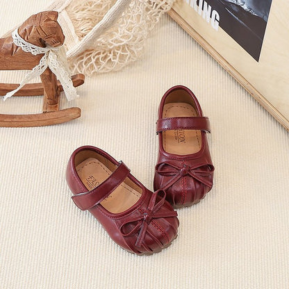 Xiaoxiangfeng Pleated Little Leather Shoes, Girls' Bow Princess Shoes, Shallow Single Shoes